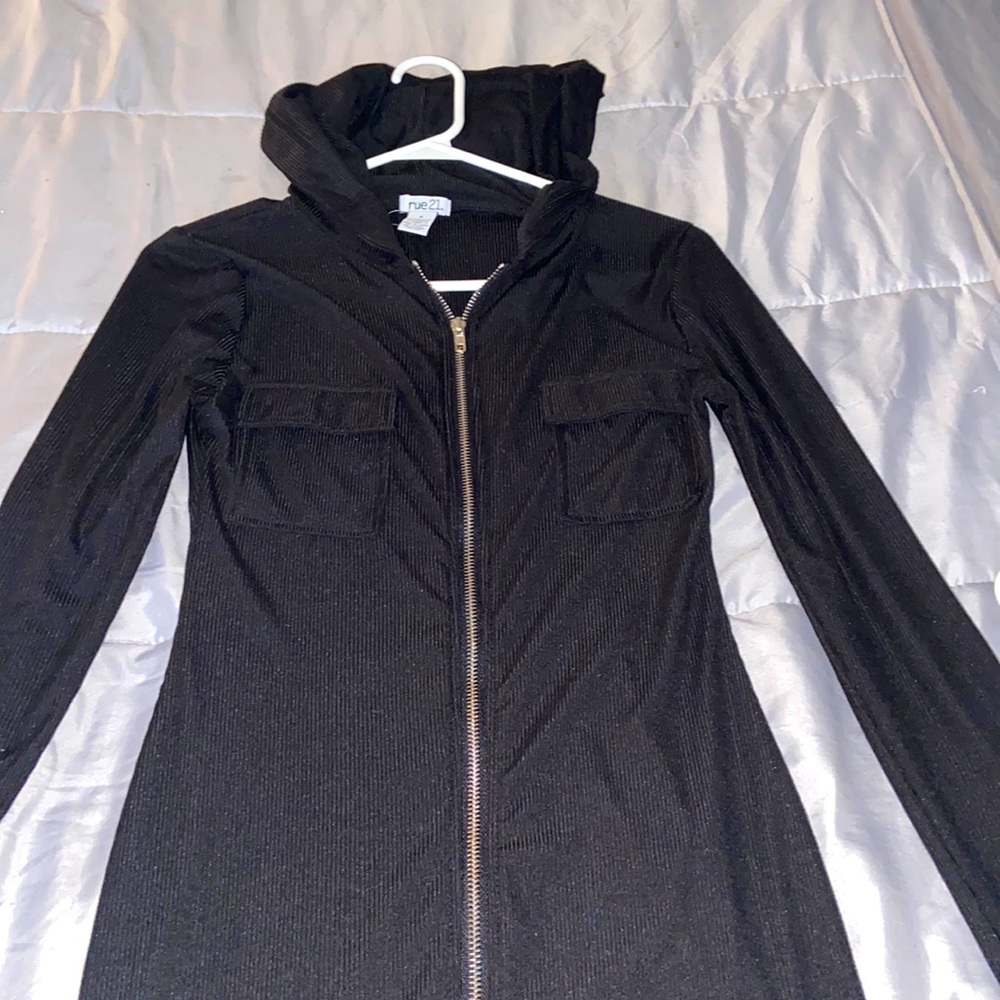 Fun, Black, Casual, zip up long sleeve dress with hood💕
